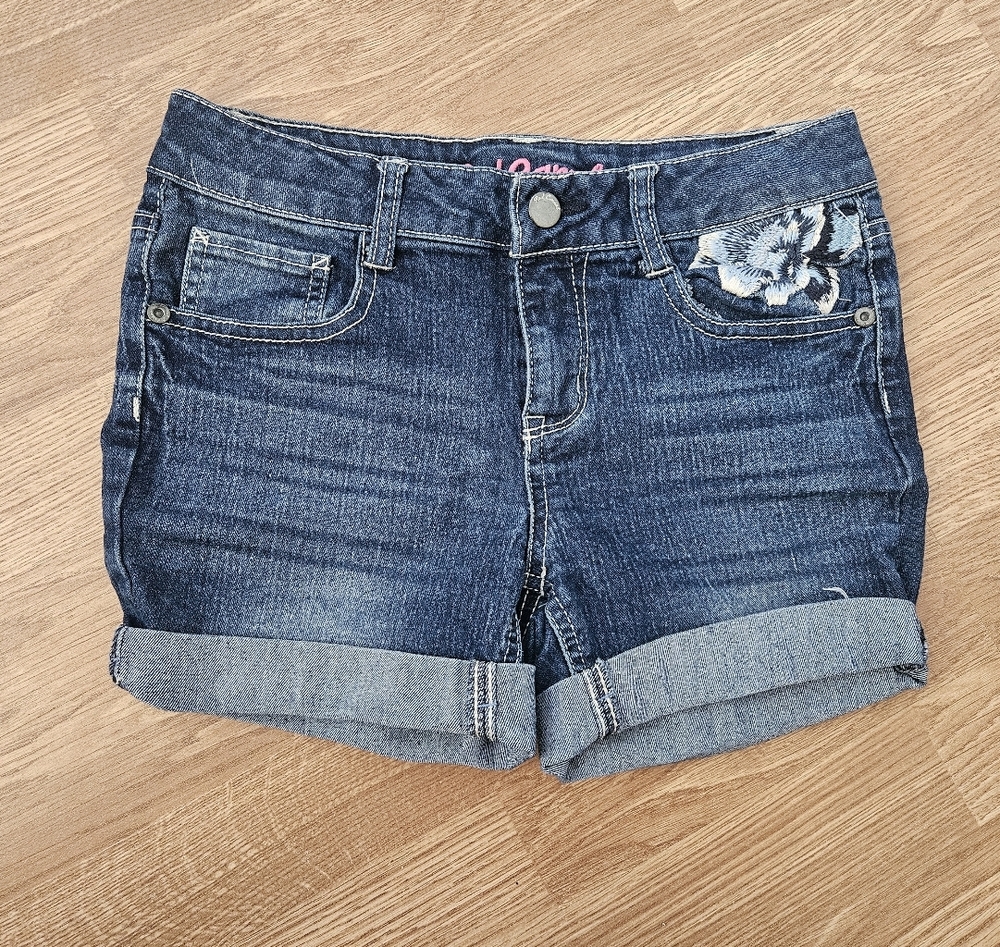 Red Camel Dark Blue Jean Shorts with Floral Embroidered Accents